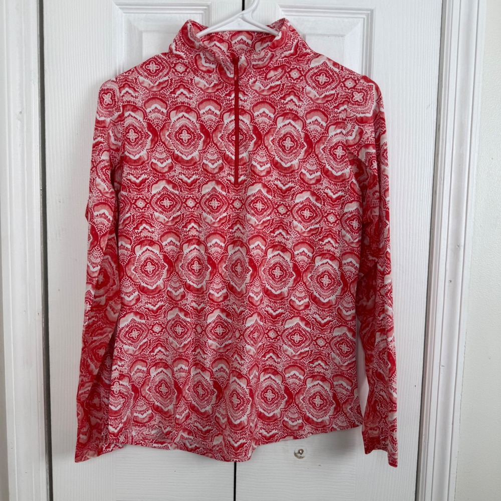 IBKUL Womens‎ S 1/4 Zip Golf Sun Shirt Red White Medallion UPF 50 Mesh